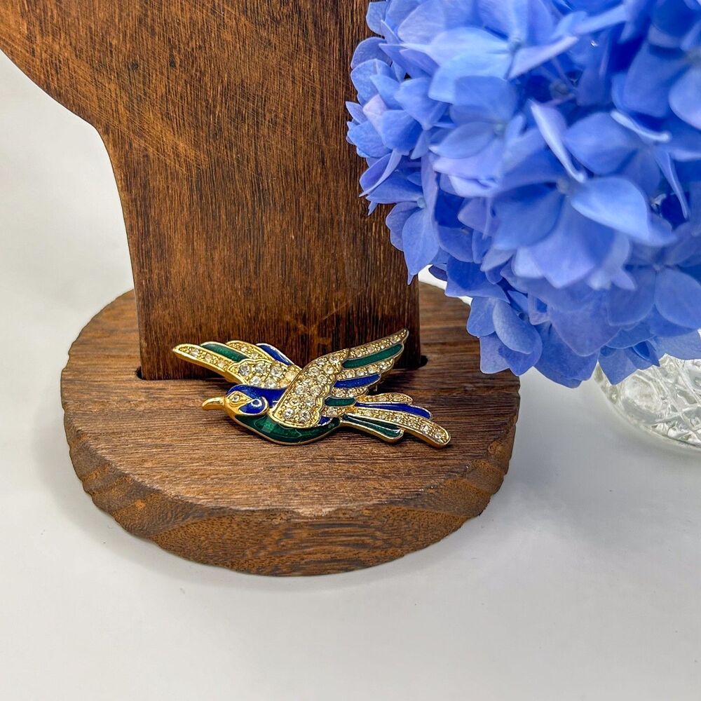 Roman Signed Vintage Bird Brooch Gold Tone Rhinestone Blue Green Enamel